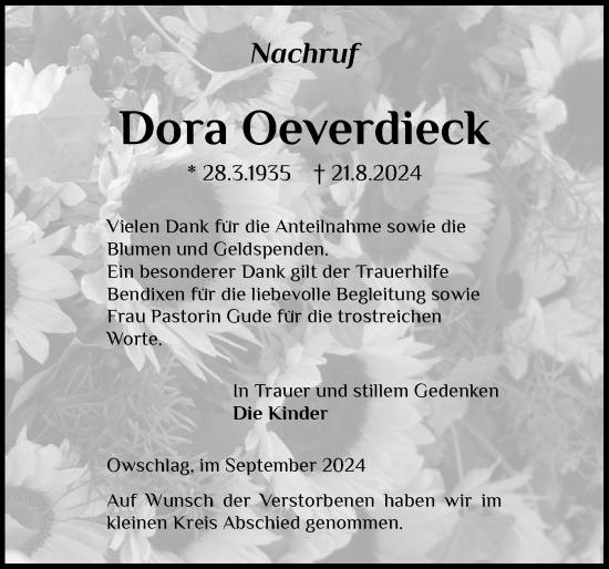 Traueranzeige von Dora Oeverdieck von Schleswig-Holsteinische Landeszeitung