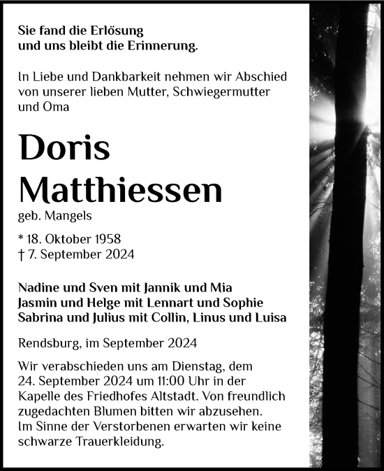 Traueranzeige von Doris Matthiessen von Schleswig-Holsteinische Landeszeitung