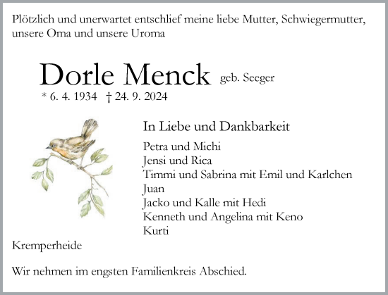 Traueranzeige von Dorle Menck von Norddeutsche Rundschau, Wilstersche Zeitung, Glückstädter Fortuna