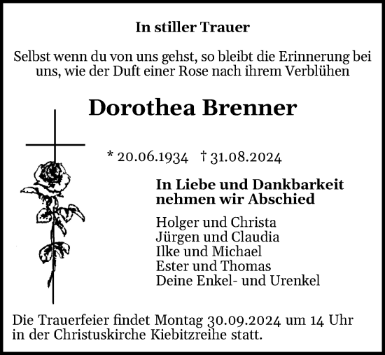 Traueranzeige von Dorothea Brenner von Elmshorner Nachrichten, Barmstedter Zeitung