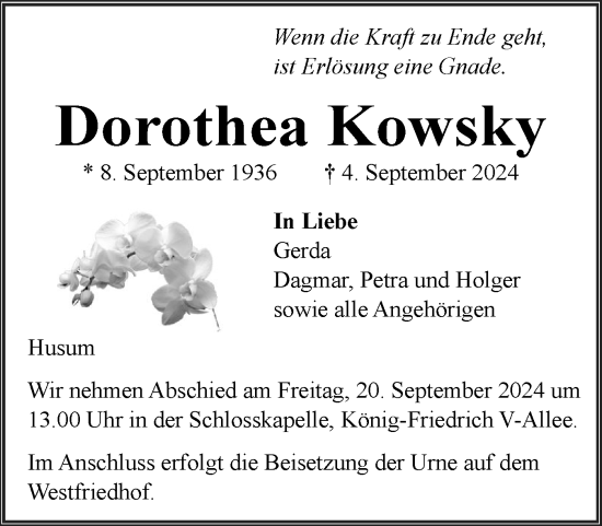 Traueranzeige von Dorothea Kowsky von Husumer Nachrichten, Nordfriesland Tageblatt