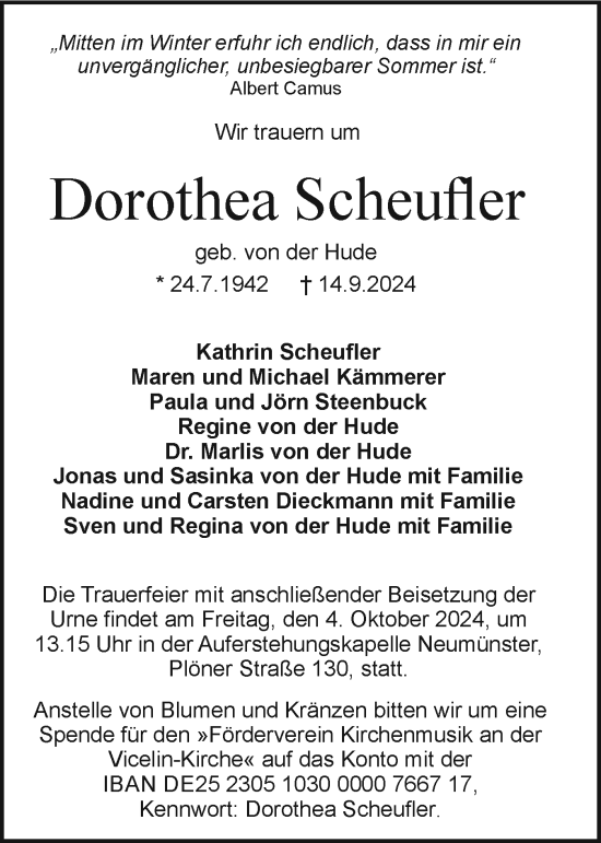 Traueranzeige von Dorothea Scheufler von Holsteinischer Courier