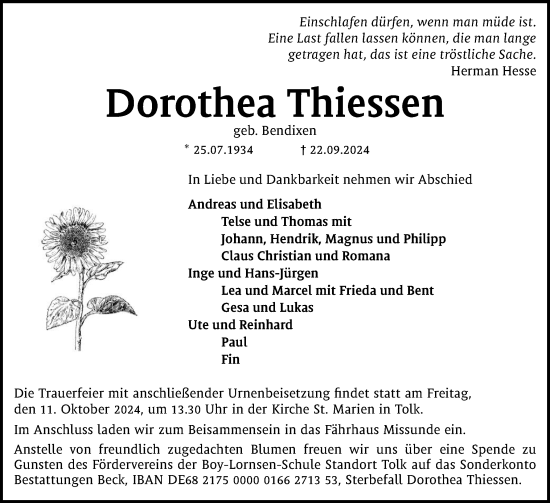 Traueranzeige von Dorothea Thiessen von Schleswiger Nachrichten, Schlei-Bote