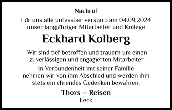 Traueranzeige von Eckhard Kolberg von Husumer Nachrichten, Nordfriesland Tageblatt