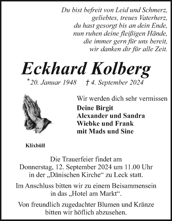 Traueranzeige von Eckhard Kolberg von Husumer Nachrichten, Nordfriesland Tageblatt