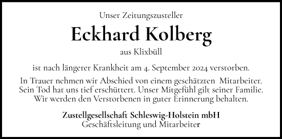 Traueranzeige von Eckhard Kolberg von Husumer Nachrichten, Nordfriesland Tageblatt