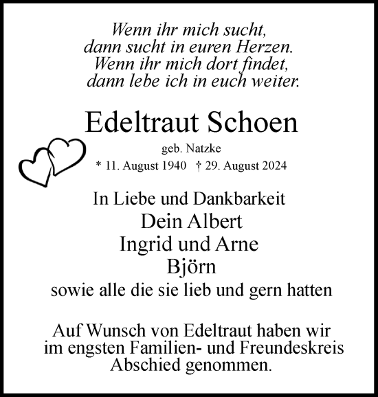 Traueranzeige von Edeltraut Schoen von Uetersener Nachrichten, Der tip am Wochenende