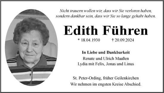 Traueranzeige von Edith Führen von Husumer Nachrichten, Nordfriesland Tageblatt