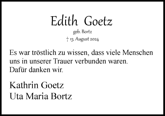 Traueranzeige von Edith Goetz von Uetersener Nachrichten, Der tip am Wochenende