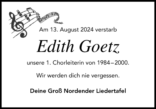 Traueranzeige von Edith Goetz von Uetersener Nachrichten, Der tip am Wochenende