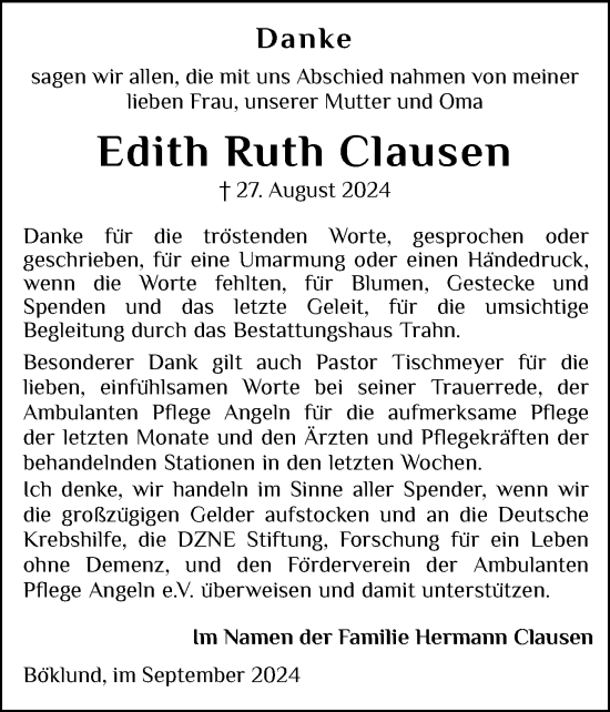 Traueranzeige von Edith Ruth Clausen von Schleswiger Nachrichten, Schlei-Bote