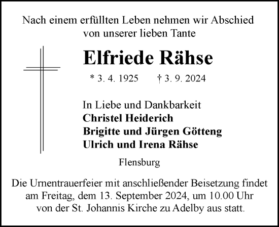 Traueranzeige von Elfriede Rähse von Flensburger Tageblatt