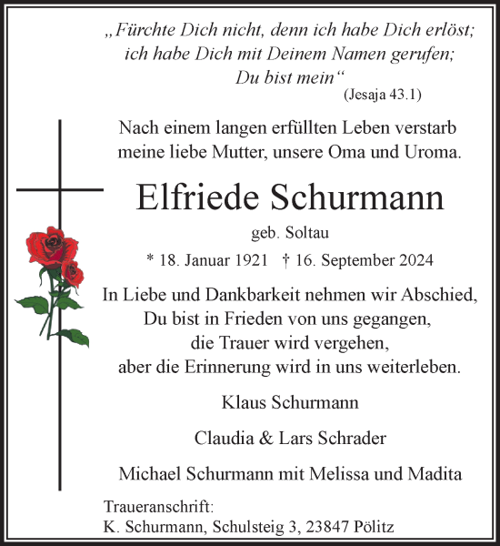 Traueranzeige von Elfriede Schurmann von Stormaner Tageblatt