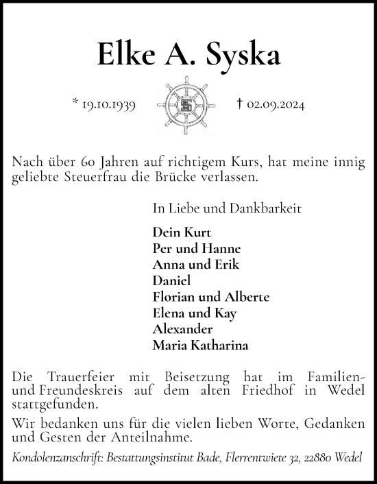 Traueranzeige von Elke Syska von Wedel-Schulauer Tageblatt, tip Wedel-Schulauer Tageblatt, tip Rissener Rundschau