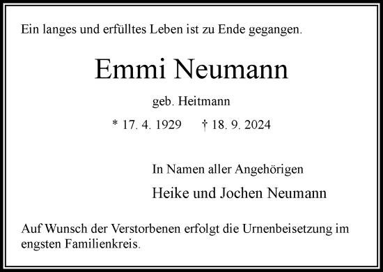 Traueranzeige von Emmi Neumann von Stormaner Tageblatt