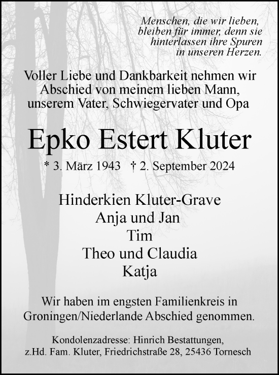Traueranzeige von Epko Estert Kluter von Uetersener Nachrichten, Der tip am Wochenende