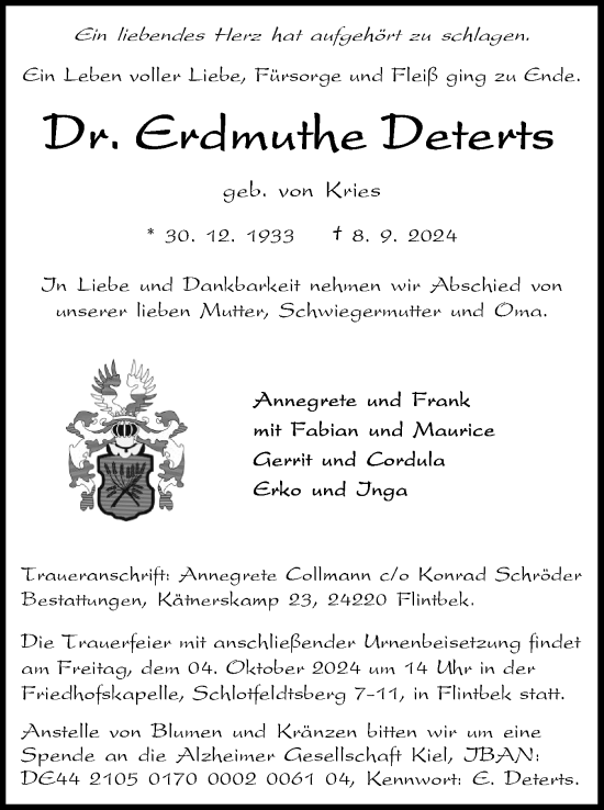 Traueranzeige von Erdmuthe Deterts von Region Flensburg