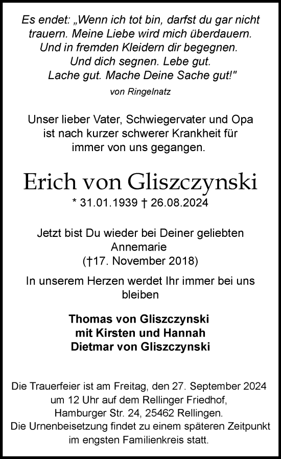 Traueranzeige von Erich von Gliszczynski von Region Pinneberg und tip Pinneberg