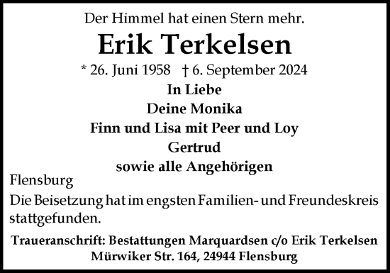 Traueranzeige von Erik Terkelsen von Flensburger Tageblatt