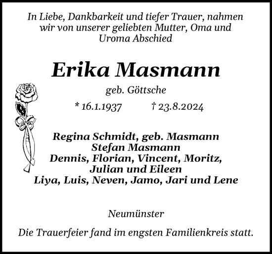 Traueranzeige von Erika Masmann von Holsteinischer Courier