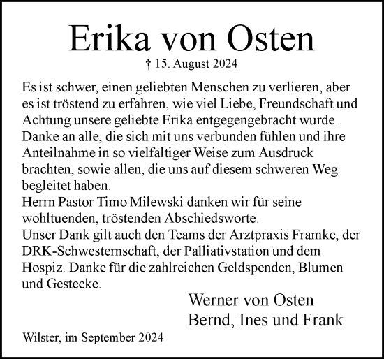 Traueranzeige von Erika von Osten von Norddeutsche Rundschau, Wilstersche Zeitung, Glückstädter Fortuna