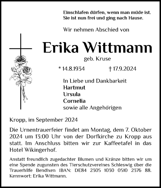 Traueranzeige von Erika Wittmann von Schleswiger Nachrichten, Schlei-Bote