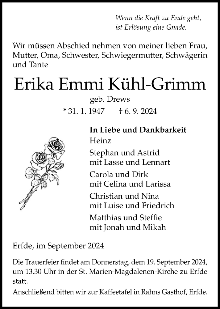  Traueranzeige für Erika Emmi Kühl-Grimm vom 14.09.2024 aus Schleswig-Holsteinische Landeszeitung