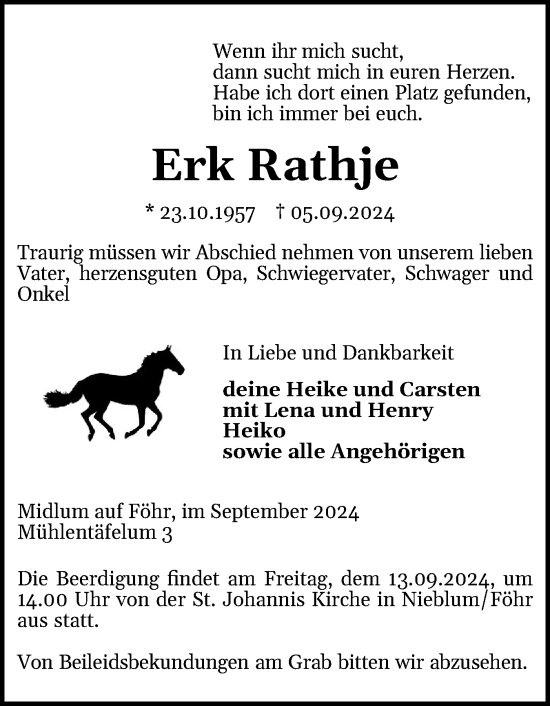 Traueranzeige von Erk Rathje von Der Insel-Bote