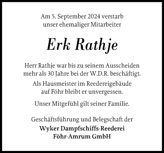Traueranzeige von Erk Rathje von Der Insel-Bote