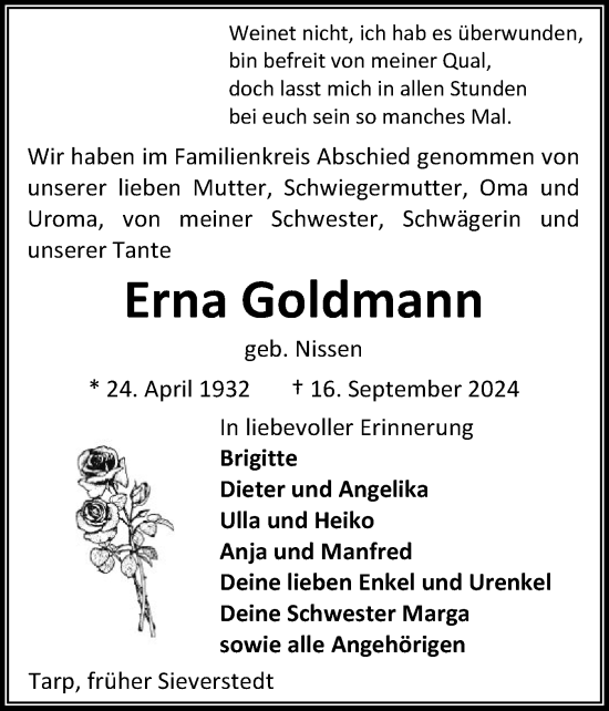 Traueranzeige von Erna Goldmann von Flensburger Tageblatt