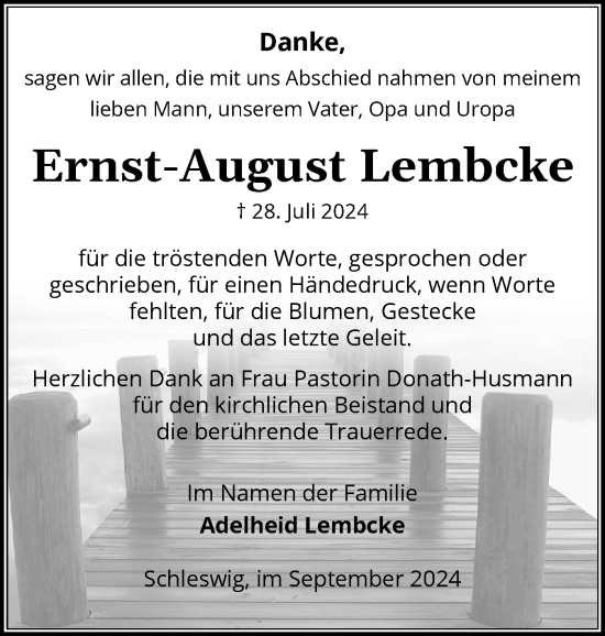 Traueranzeige von Ernst-August Lembcke von Schleswiger Nachrichten, Schlei-Bote