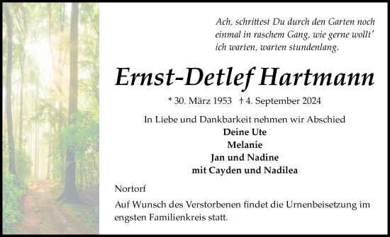 Traueranzeige von Ernst-Detlef Hartmann von Schleswig-Holsteinische Landeszeitung