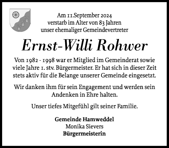 Traueranzeige von Ernst-Willi Rohwer von Schleswig-Holsteinische Landeszeitung