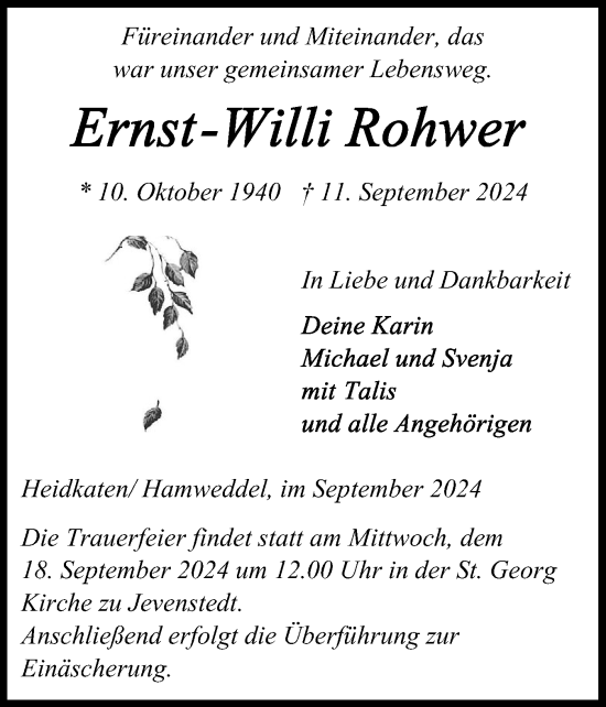 Traueranzeige von Ernst-Willi Rohwer von Schleswig-Holsteinische Landeszeitung