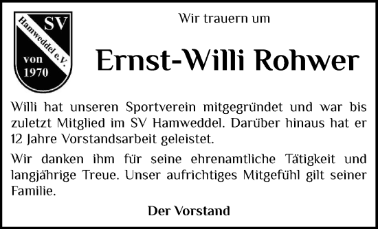 Traueranzeige von Ernst-Willi Rohwer von Schleswig-Holsteinische Landeszeitung