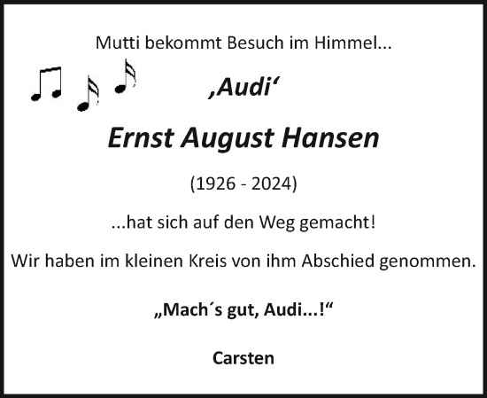 Traueranzeige von Ernst August Hansen von Husumer Nachrichten, Nordfriesland Tageblatt