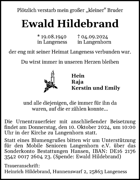 Traueranzeige von Ewald Hildebrand von Husumer Nachrichten, Nordfriesland Tageblatt