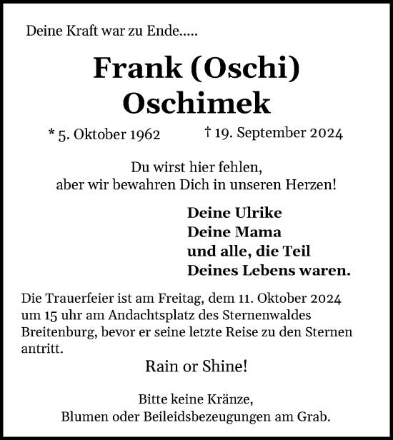 Traueranzeige von Frank Oschimek von Norddeutsche Rundschau, Wilstersche Zeitung, Glückstädter Fortuna