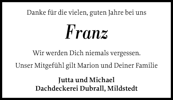 Traueranzeige von Franz  von Husumer Nachrichten, Nordfriesland Tageblatt