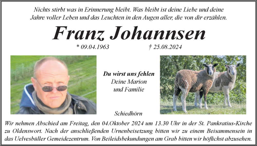  Traueranzeige für Franz Johannsen vom 28.09.2024 aus Husumer Nachrichten, Nordfriesland Tageblatt