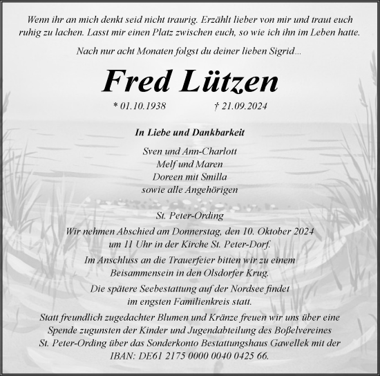 Traueranzeige von Fred Lützen von Husumer Nachrichten, Nordfriesland Tageblatt