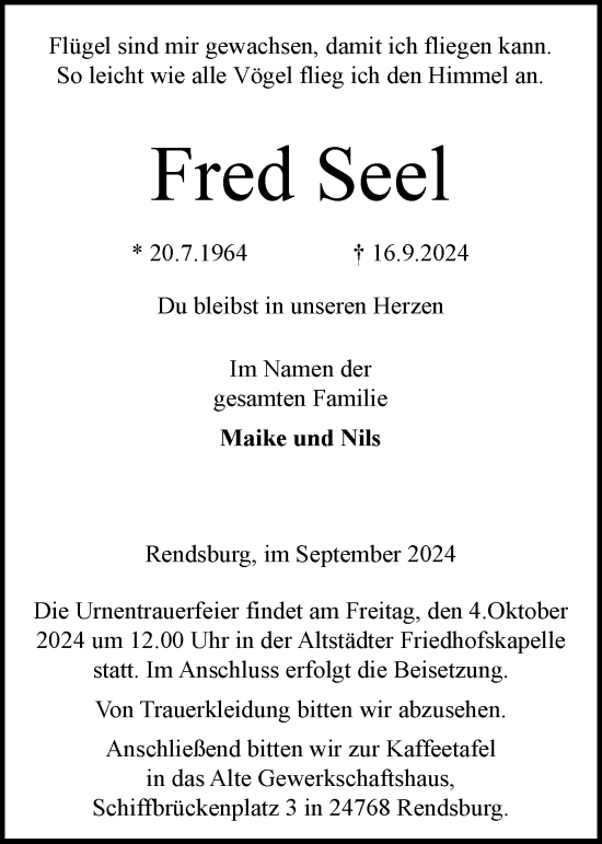 Traueranzeige von Fred Seel von Schleswig-Holsteinische Landeszeitung