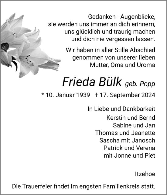 Traueranzeige von Frieda Bülk von Norddeutsche Rundschau, Wilstersche Zeitung, Glückstädter Fortuna