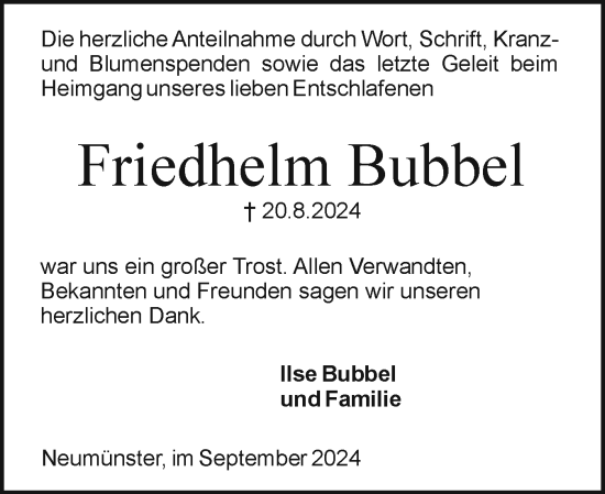 Traueranzeige von Friedhelm Bubbel von Holsteinischer Courier