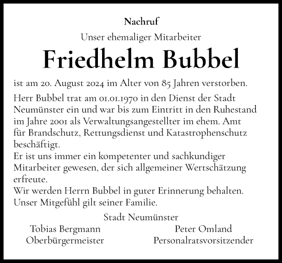 Traueranzeige von Friedhelm Bubbel von Holsteinischer Courier