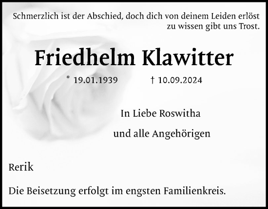 Traueranzeige von Friedhelm Klawitter von Norddeutsche Rundschau, Wilstersche Zeitung, Glückstädter Fortuna