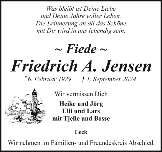 Traueranzeige von Friedrich Jensen von Husumer Nachrichten, Nordfriesland Tageblatt