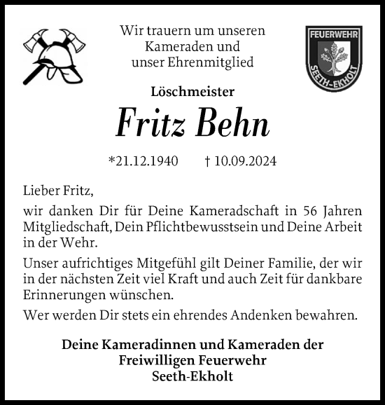 Traueranzeige von Fritz Behn von Elmshorner Nachrichten, Barmstedter Zeitung