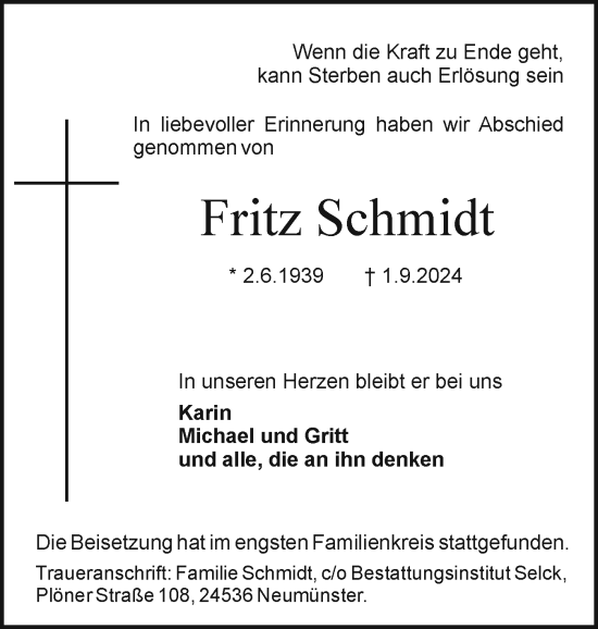 Traueranzeige von Fritz Schmidt von Holsteinischer Courier