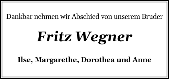 Traueranzeige von Fritz Wegner von Eckernförder Zeitung, Hallo Eckernförde